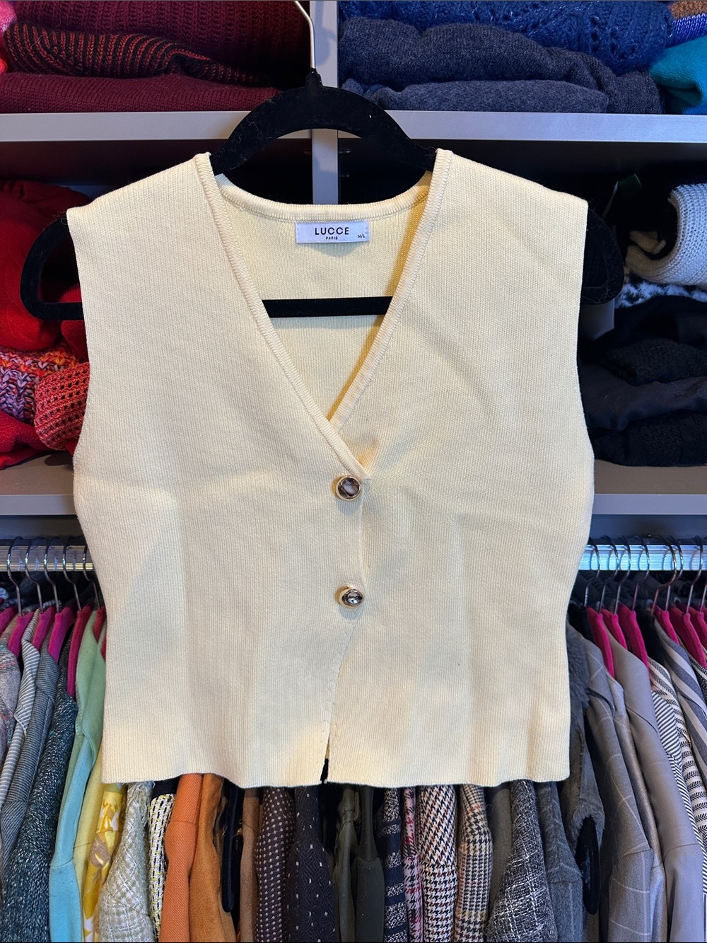 Lucce yellow v neck snap button sleeveless sweater top size M NWOT